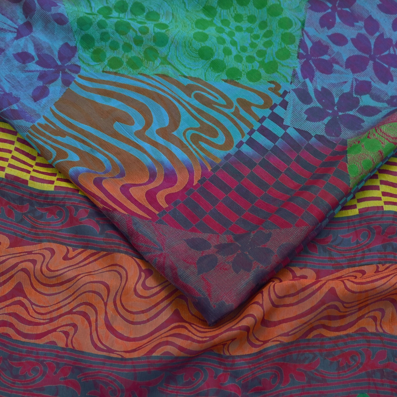 Indian Vintage Sari Blue & Purple Pure Chiffon Silk Printed Sarees Craft Fabric