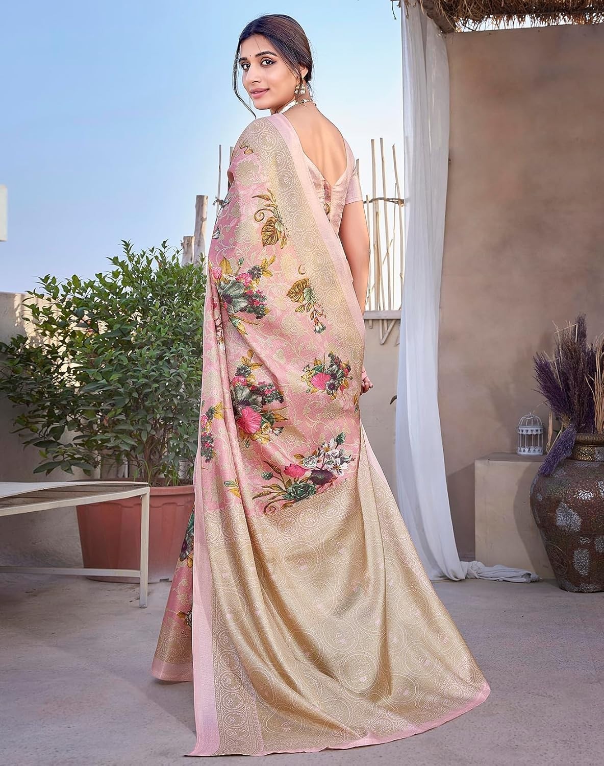 Women Art Silk Floral Printed Kanjivaram Saree with Blouse Material