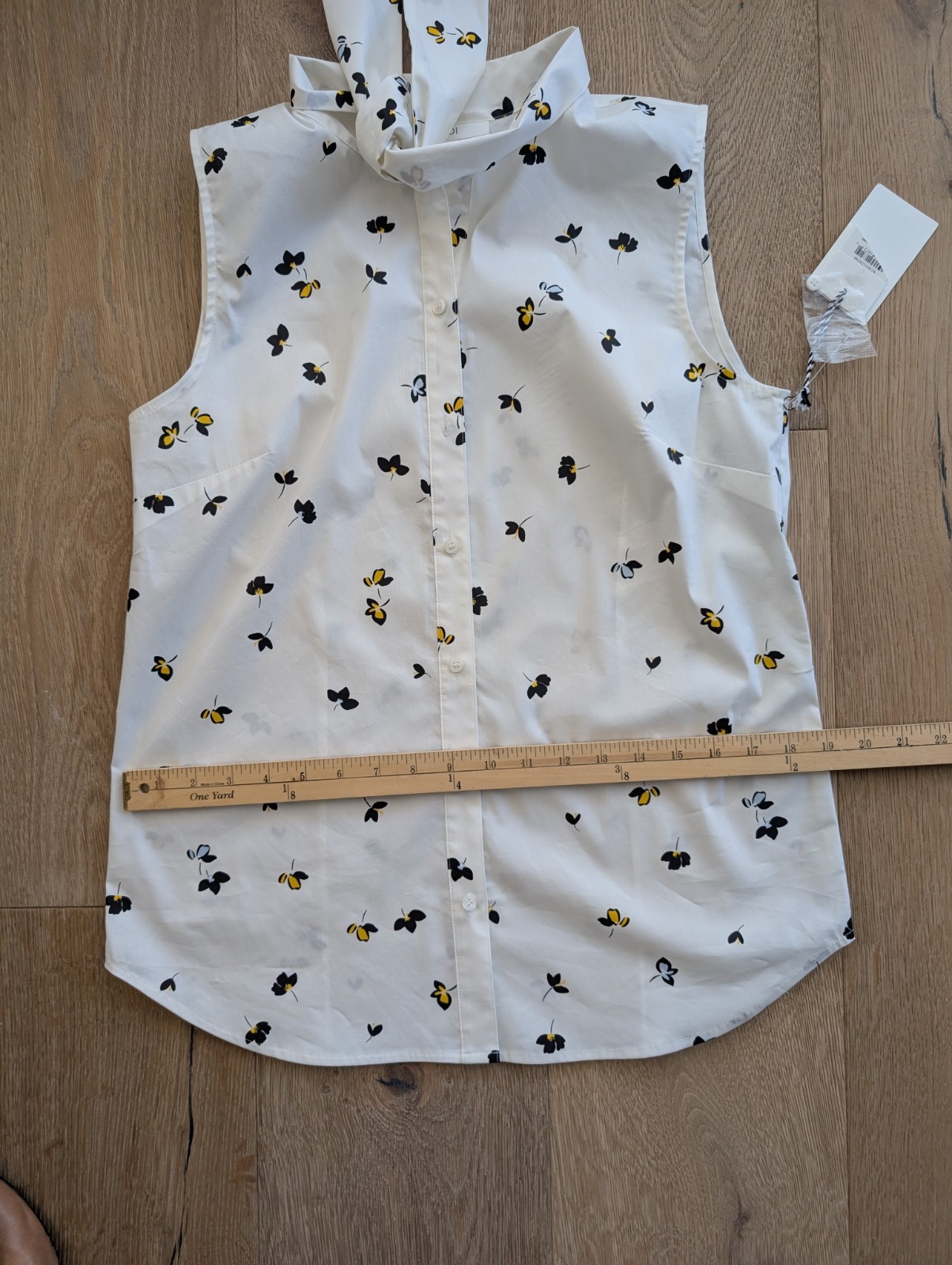 1901 Floral Sleeveless Bow Blouse White Cotton Blend Button Front Size S NWT