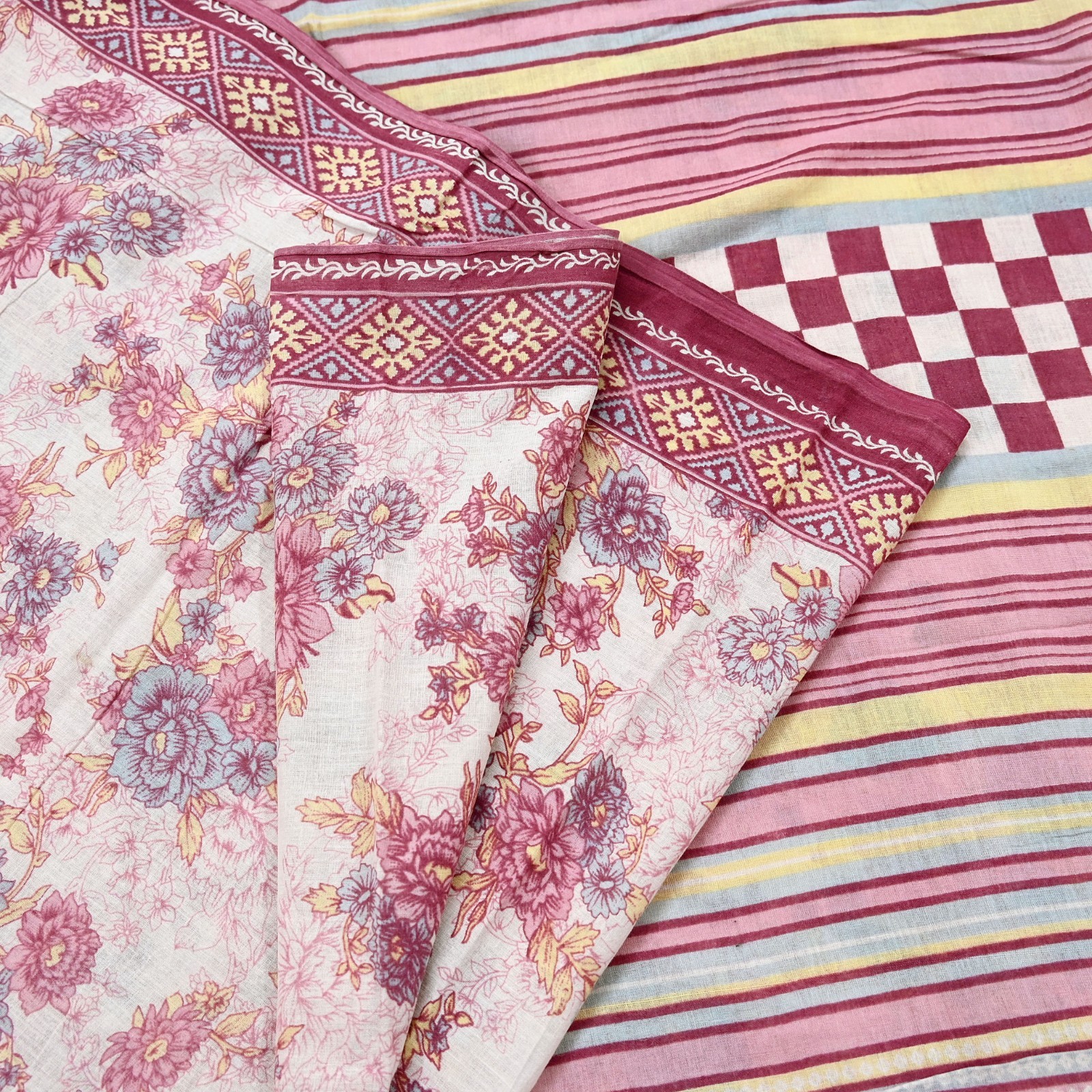 Vintage Sari Ivory & Pink Printed Blend Cotton Saree Craft Fabric 5Yd Soft Sewi
