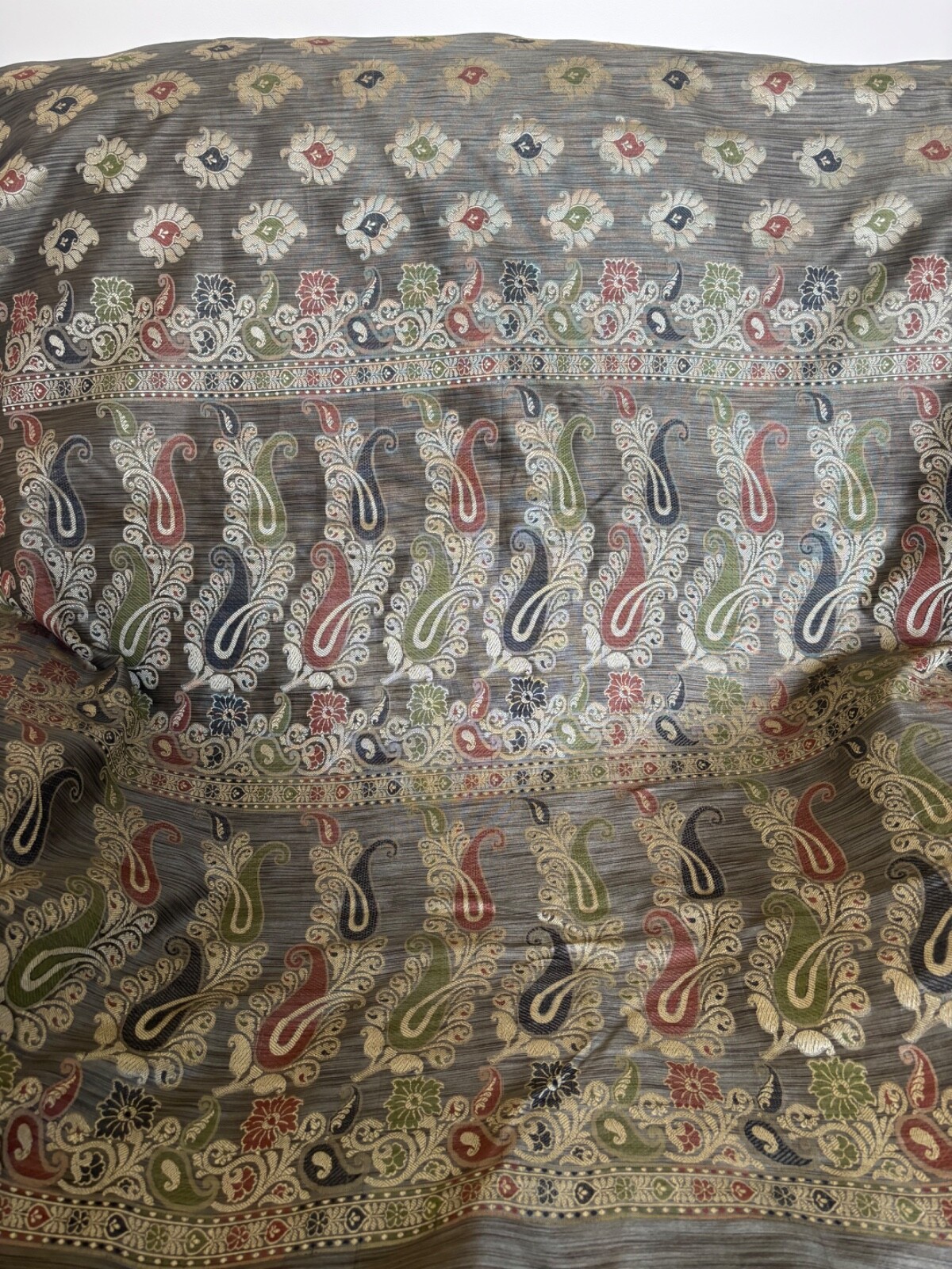 Olive green silk blend saree with falls and pico, gently used.