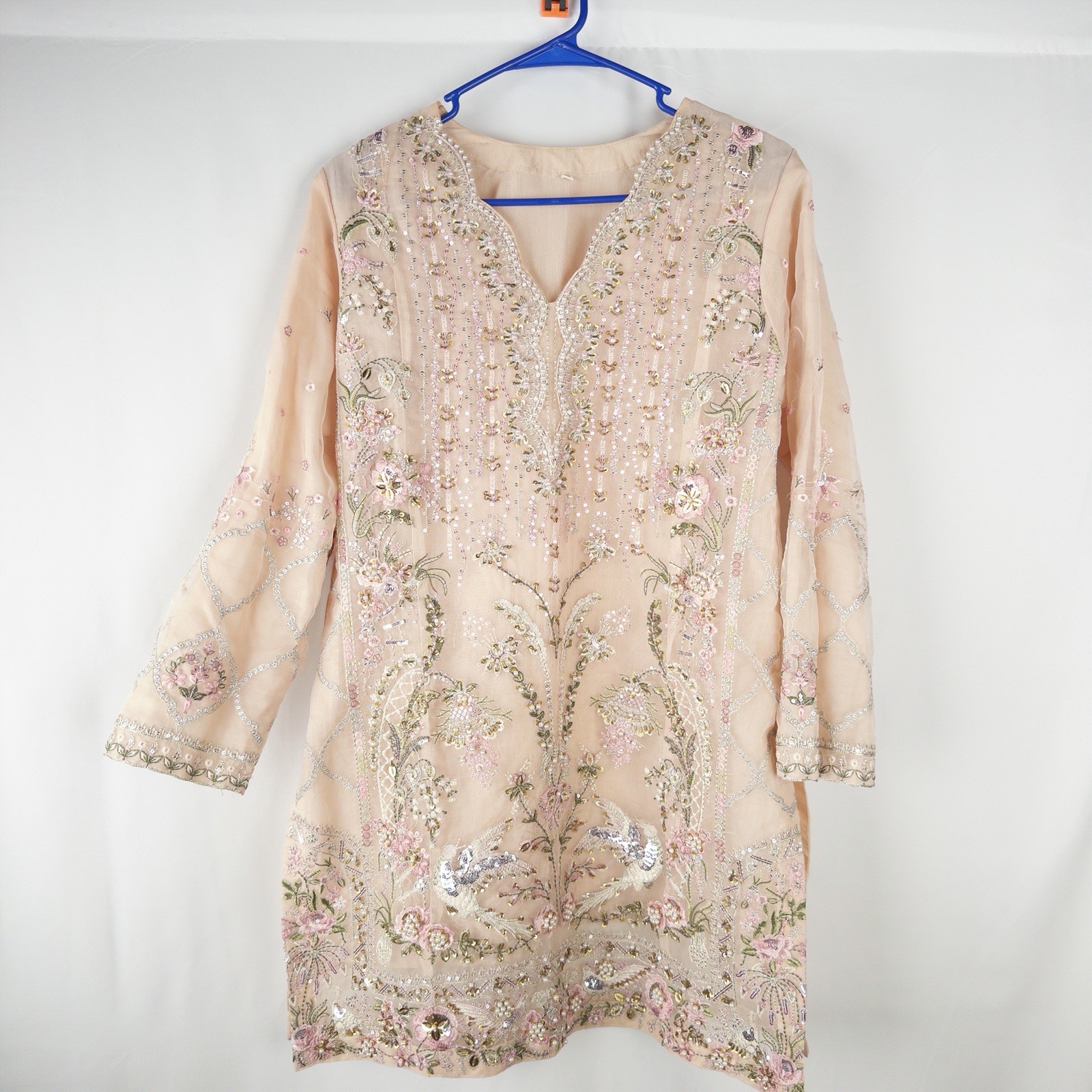 Handmade Beige fancy Chiffon Embroidered Pakistani Indian 3pc Garara shirtSuit M
