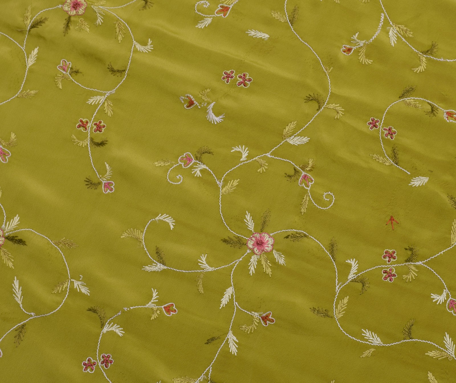 Sushila Vintage Green Saree Blend Crepe Silk Hand Embroidered Floral Sari Fabric