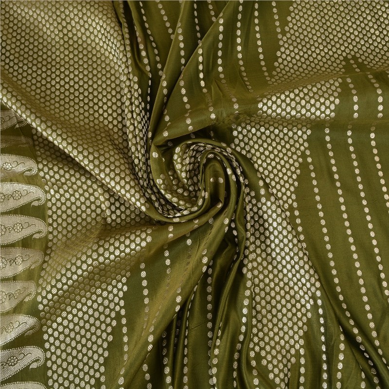 Sanskriti Vintage Green Sarees Pure Satin Brocade Banarasi Zari Hand Woven 4.5YD