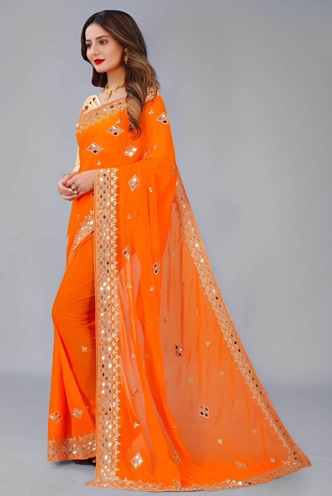 Embroidered Banarasi Georgette Saree with Unstitched Blouse (Orange)