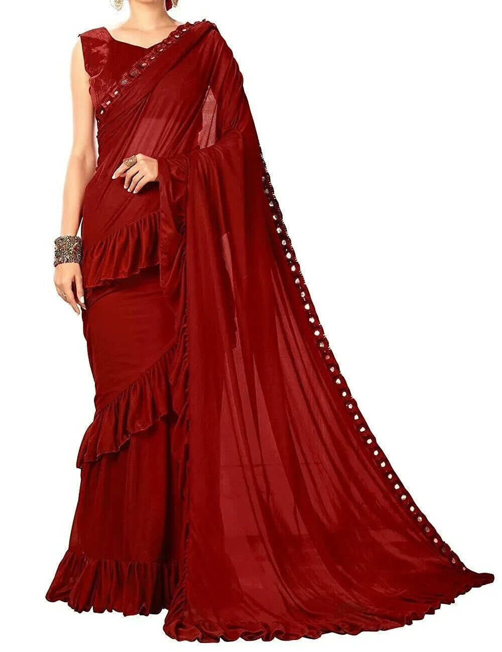 Handmade Designer Ruffle Sari Women’s Lycra Saree With Un-Stitched Blouse Piece