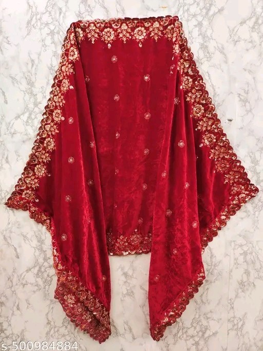 Red Heavy Embroidery Velvet Dupatta For Bride And Women 2.3 Mtr