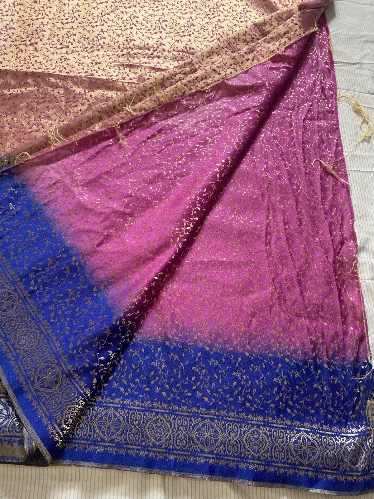 Dual-tone Saree Rich Blue Bright Pink and Magenta with Gold Motifs for Women
