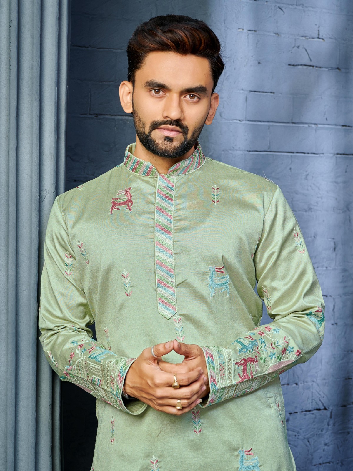 Men’s Pista Green Embroidered Kurta Indian Ethnic Wedding Party Wear Outfit