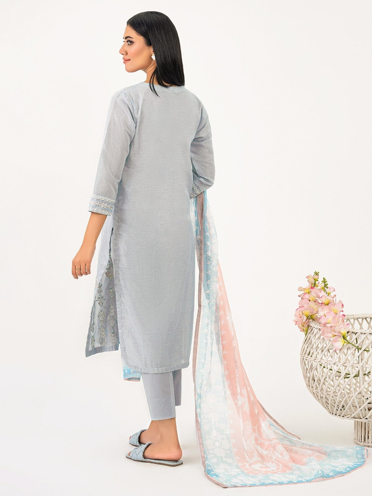 Pakistani stitched embroidered 3pc shalwar kamez cotton mysuri light gray color