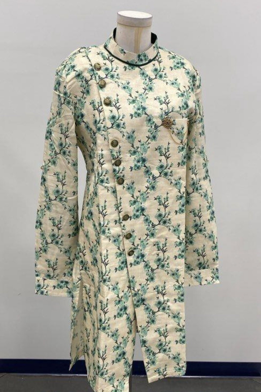 Sherwani Mens Indian Wedding Jacket 40 Formal Tan Green Floral Buttons NWT Beige