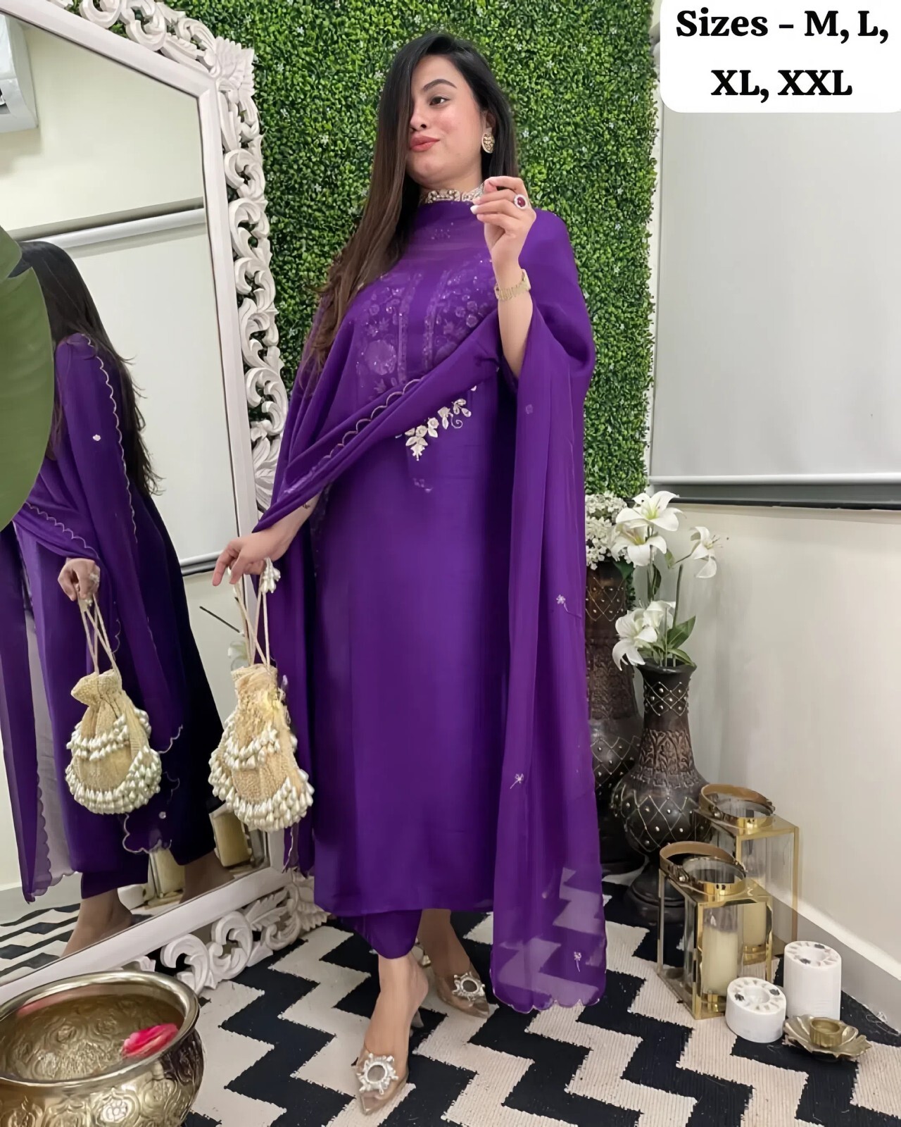 Embroidered Purple Kurta Dress for Women Floral Design