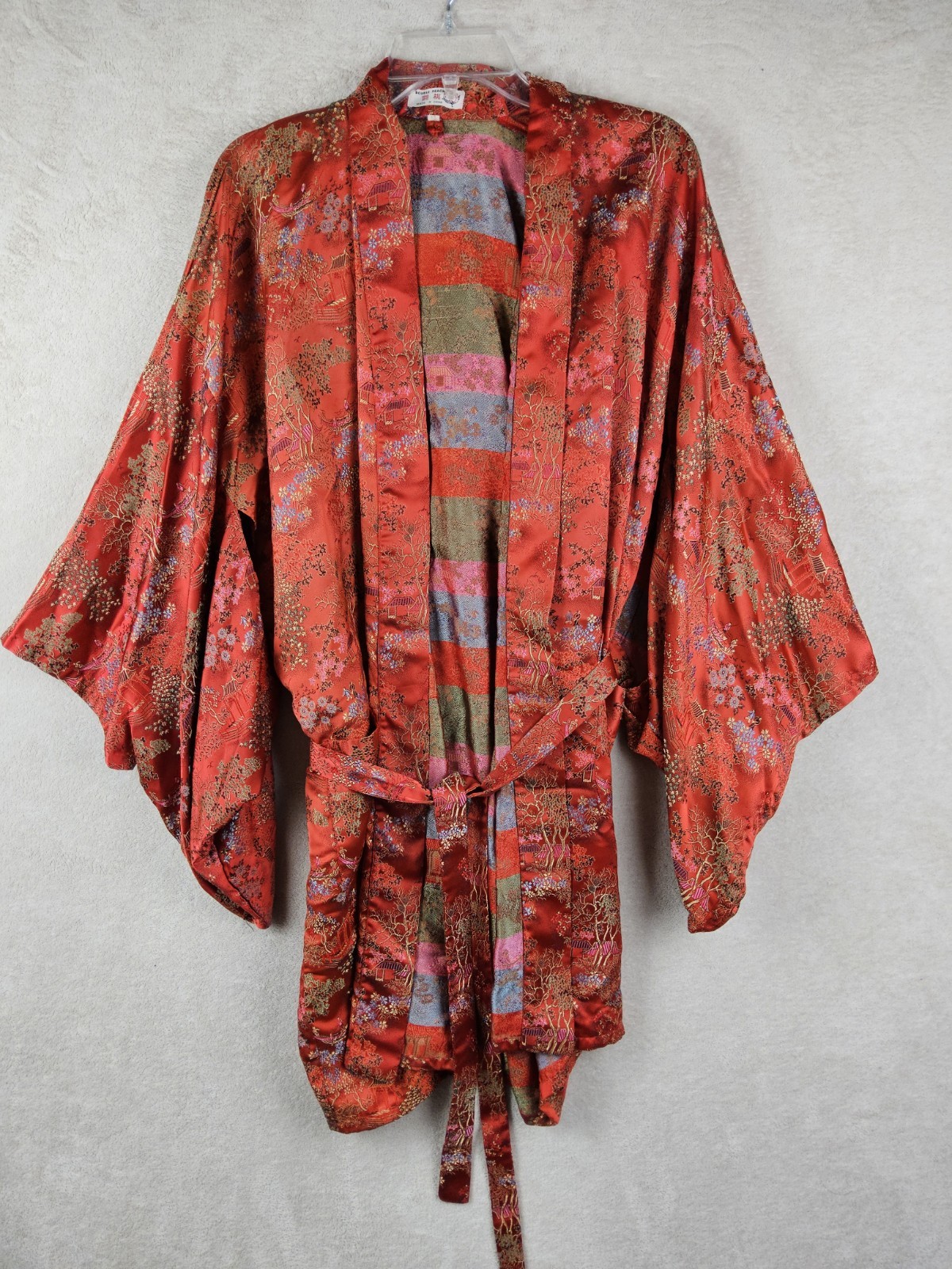 Vintage Double Peach Jacquard Chinese Kimono Robe Red Size XL