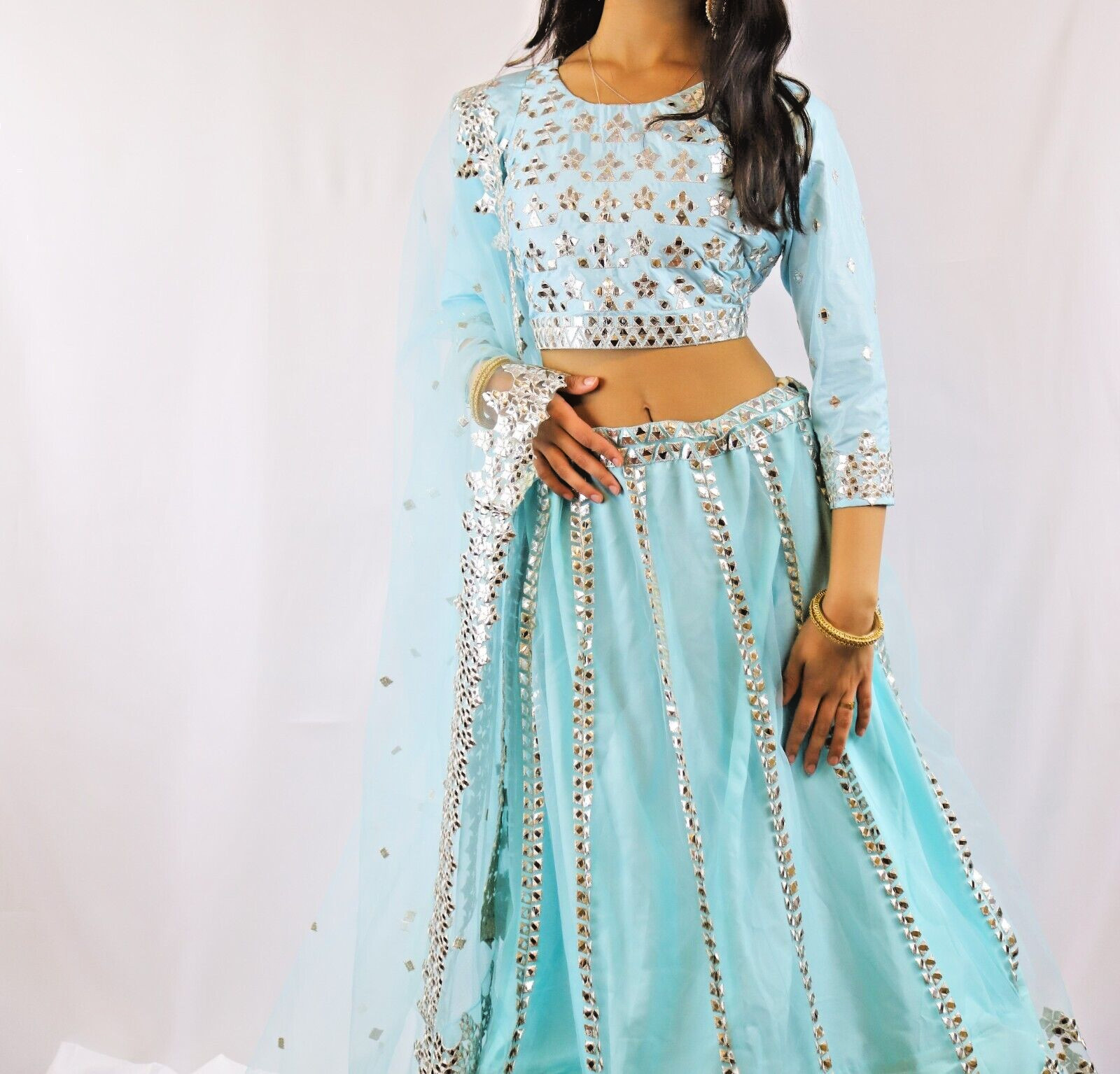 Traditional Indian Mirror Work Lehenga – Blue Sequin Diwali Special Dress