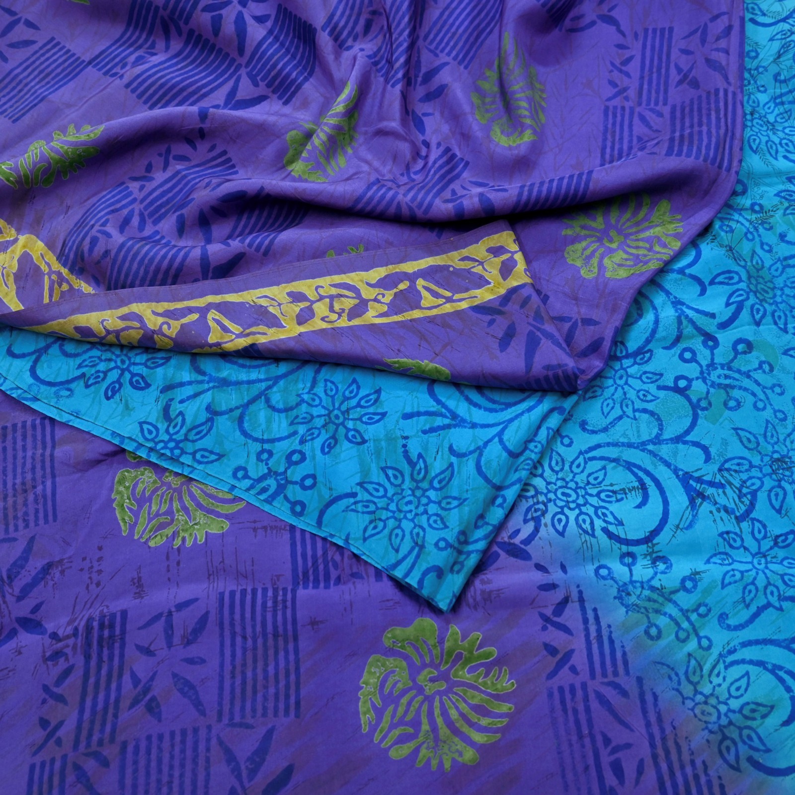 Vintage Sari Purple & Blue Pure Silk Printed Saree 6yd Sewing Craft Fabric Soft