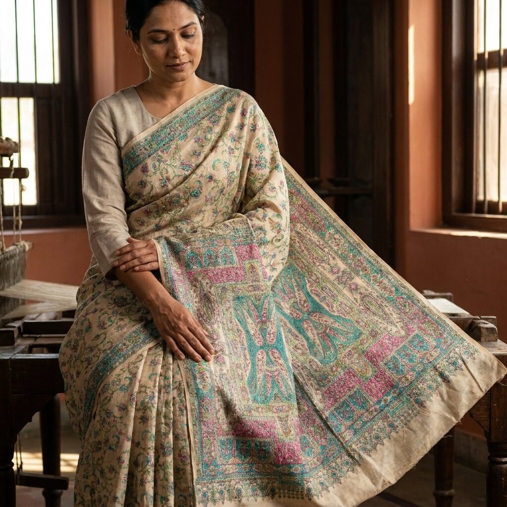 Sanskriti Vintage Ivory Pure Silk Saree Floral Vein Print Sari 5+Yard Craft Diy
