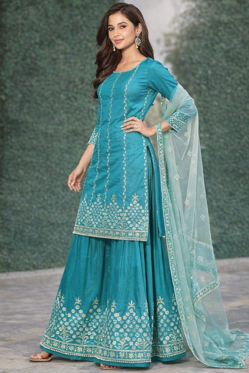 Turquoise Organza Salwar Kameez Set | Handmade Hand Embroidery | Custom Size…