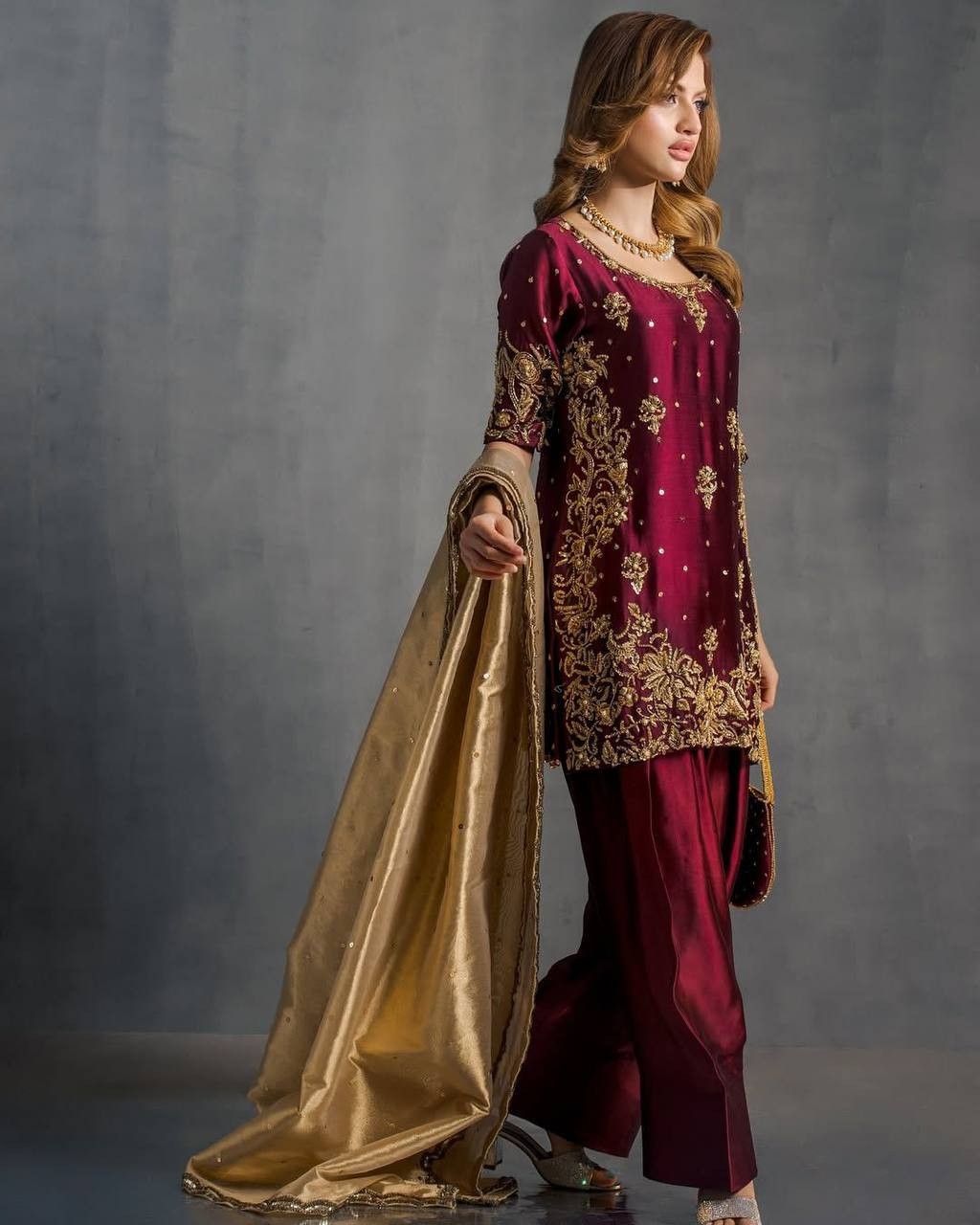 Wedding Wear Maroon Moss Satin Salwar Kameez With Dupatta For Women & Girls