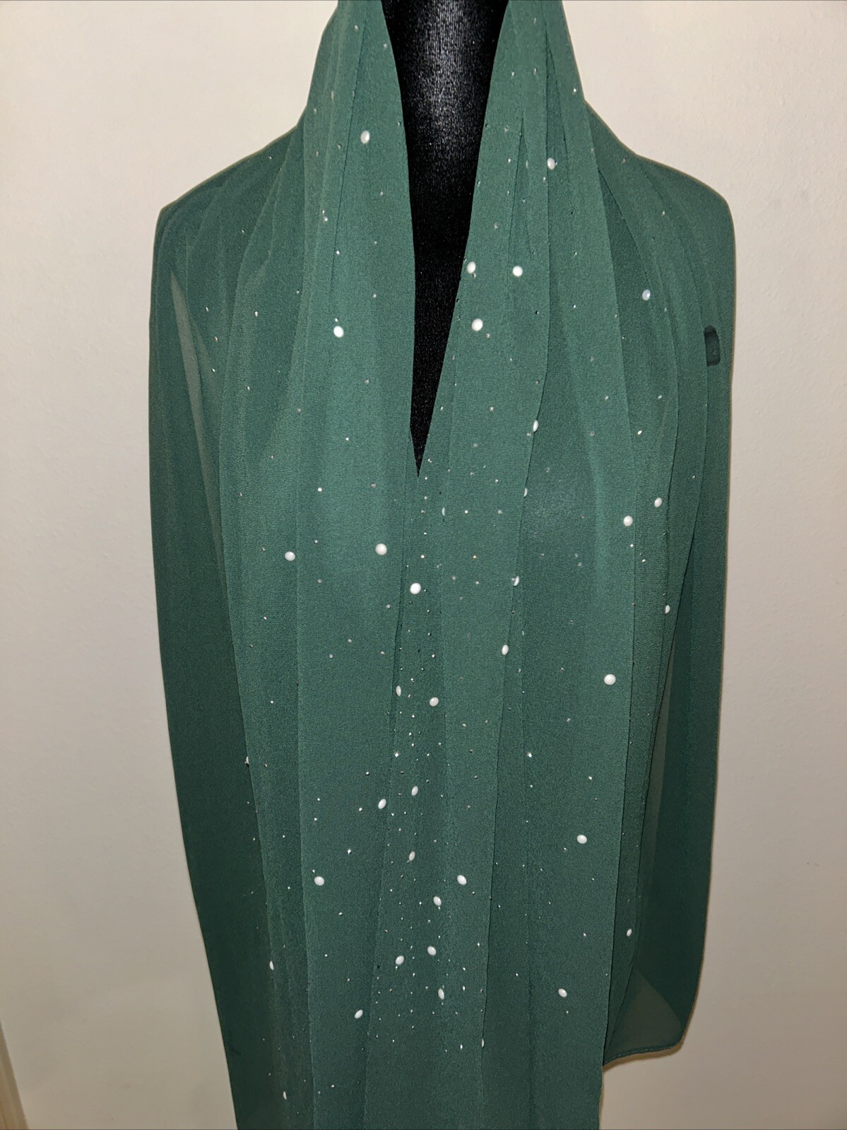 Women’s Long Green Dupatta Shawl Wrap Silky Sparkling With White Beads
