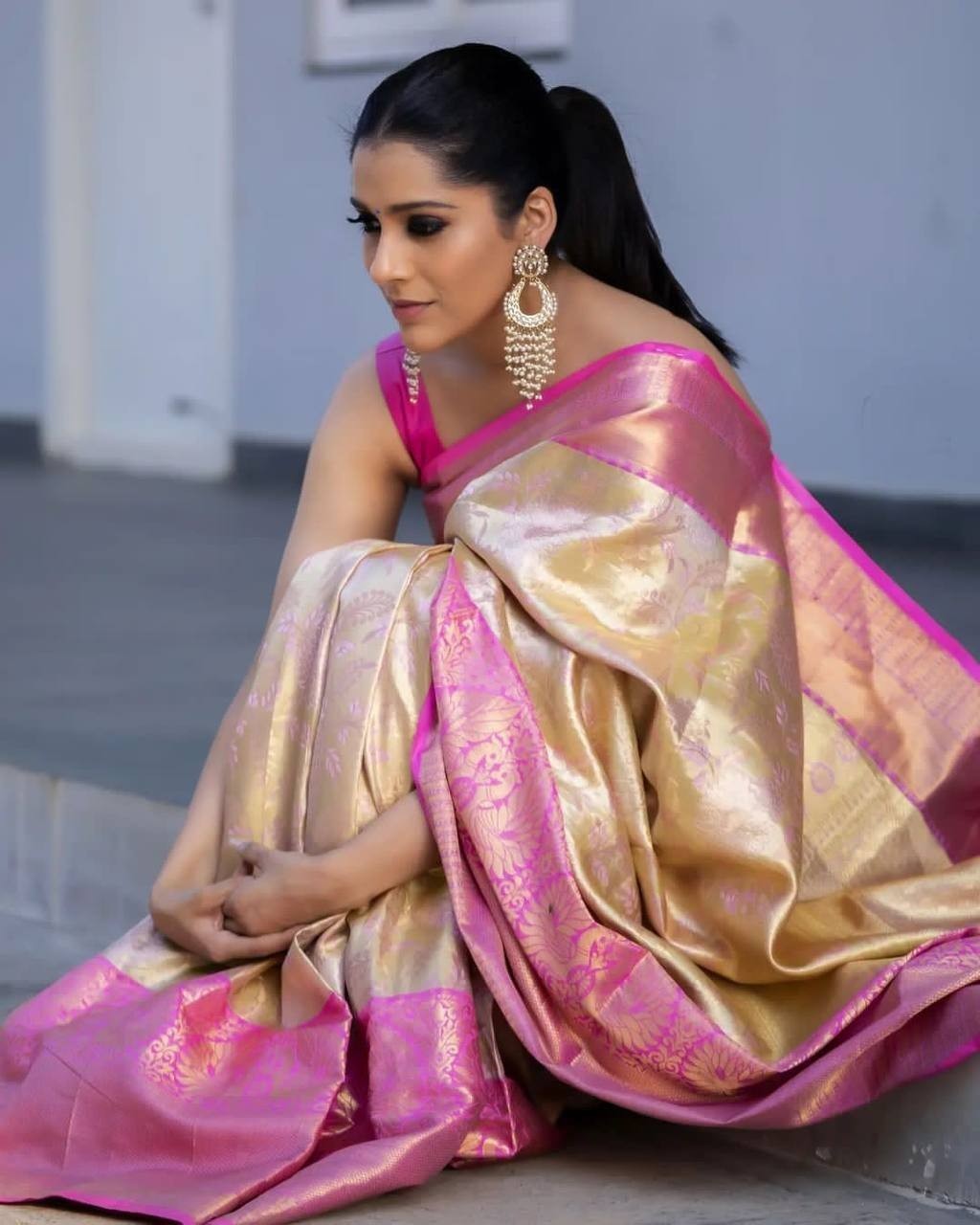 Wedding Wear Golden Beige Pink Lichi Silk Saree Jacquard Weaving Indian Ethnic