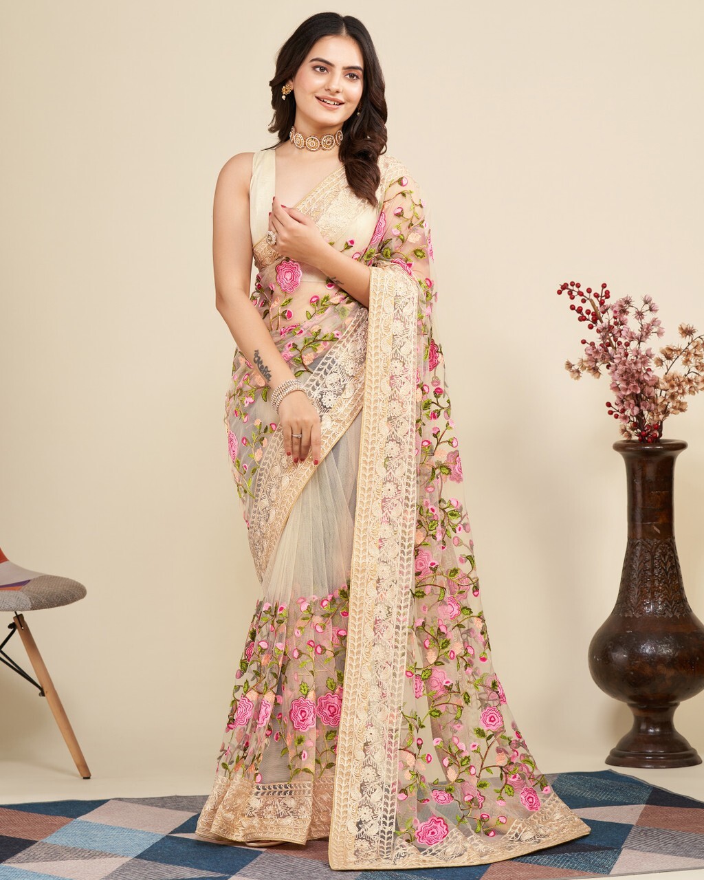 Embroidered Bollywood Net Saree (Cream)