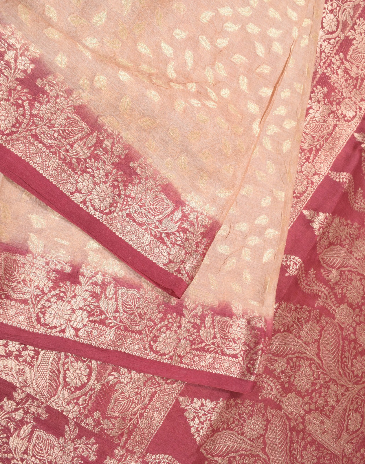 Sushila Vintage Light Peach Saree Floral Woven Pure Tussar Silk Sari Craft Fabri
