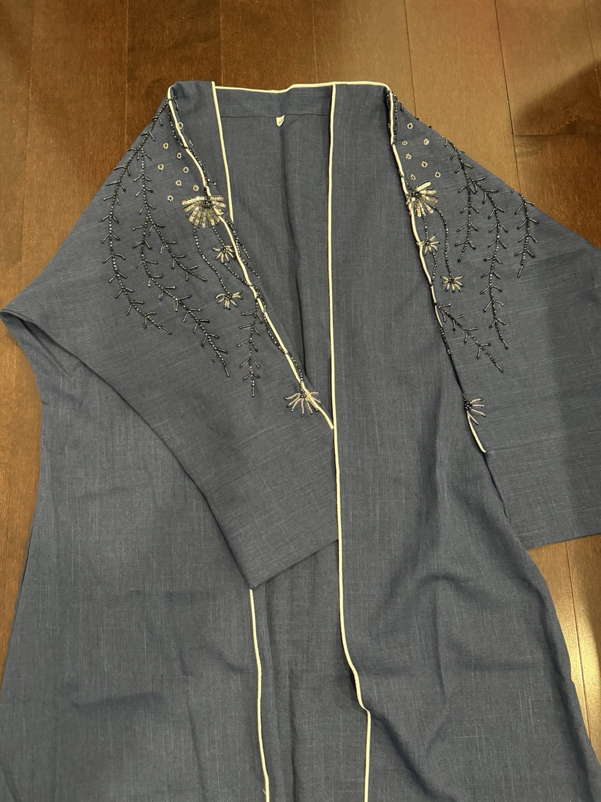 Blue Linen Dubai Abaya Luxury Hand Embroidered Beautiful Light Fabric
