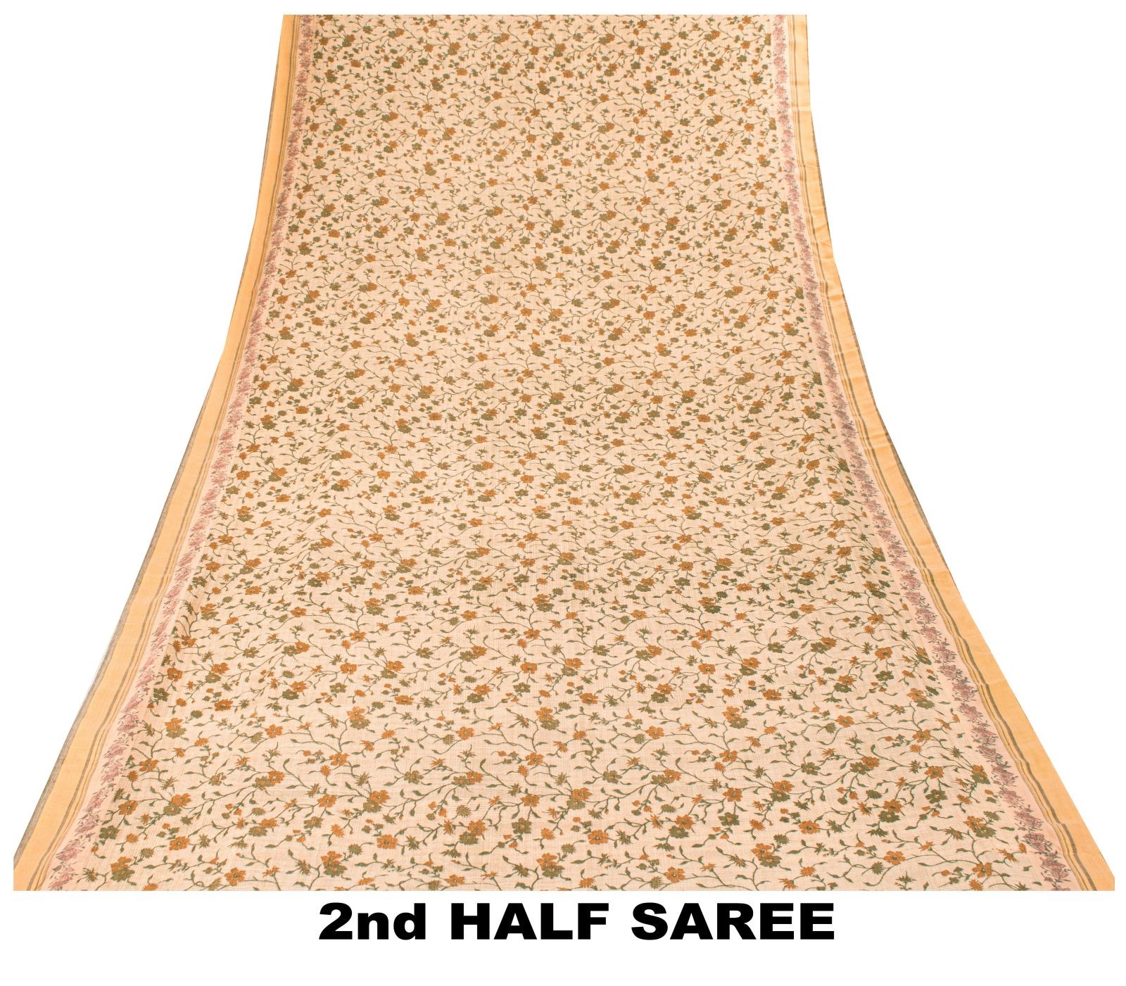 Sanskriti Vintage Pure Woolen Cream Saree Fabric Sanganeri Hand Block Print Sari