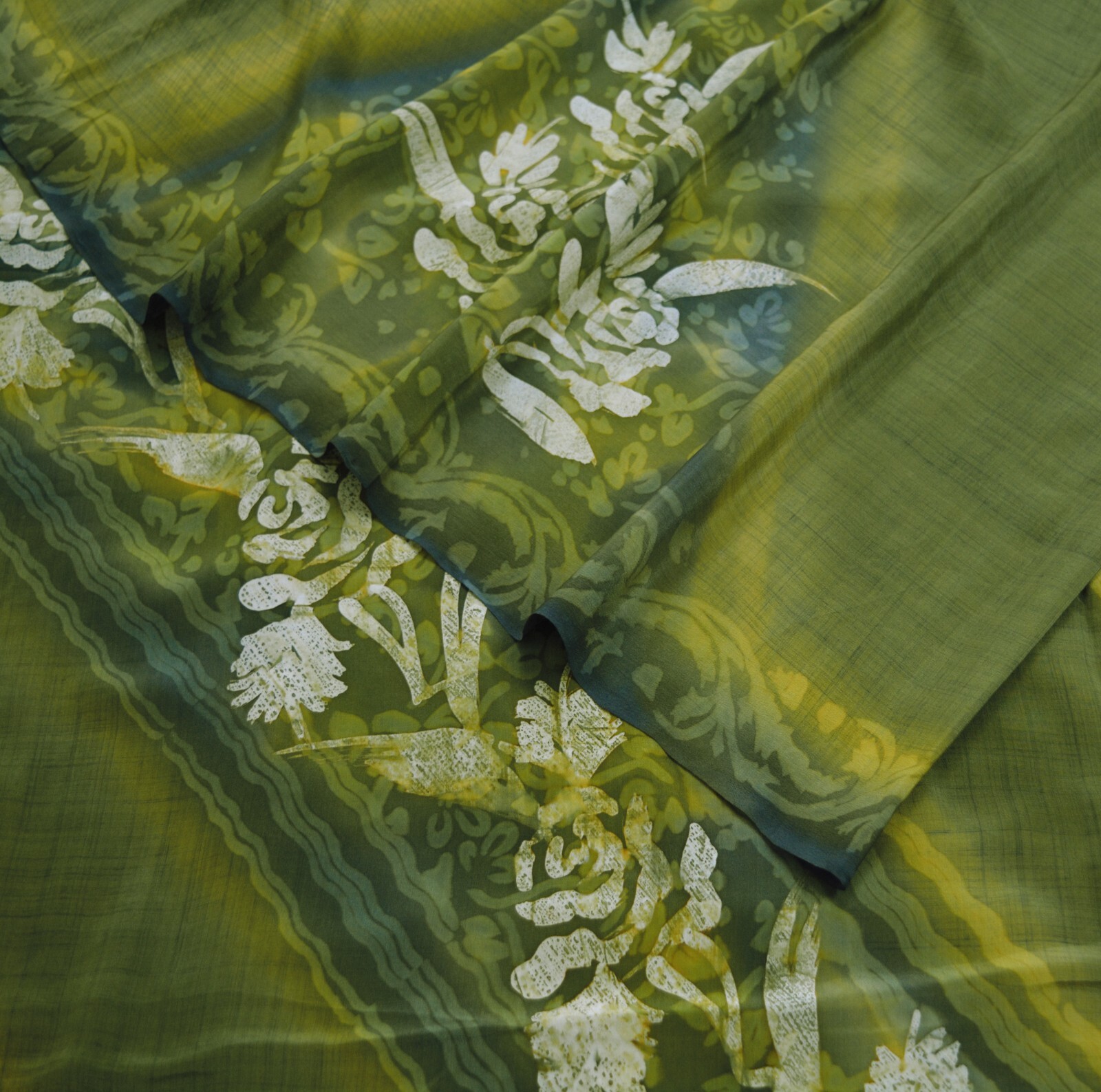 Vintage Green Saree Pure Crepe Silk Printed Indian Sari Fabric 5yd Sewing Floral