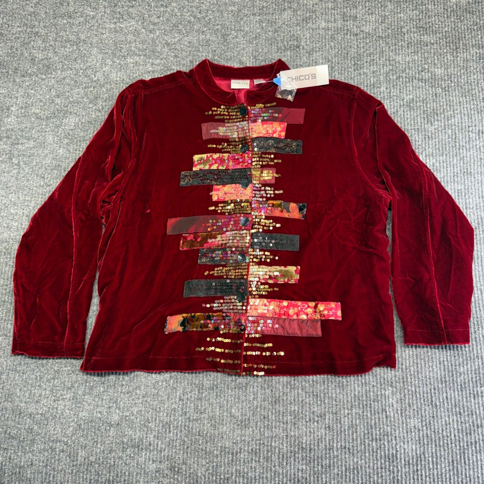 NWT Chico’s Renaissance Silk Sequin Patchwork Jacket Red Sz 3 XL Oolong