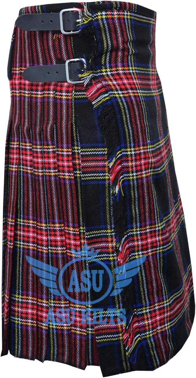 Scottish Traditional Handmade Black Stewart Tartan Kilt for men Custom Size