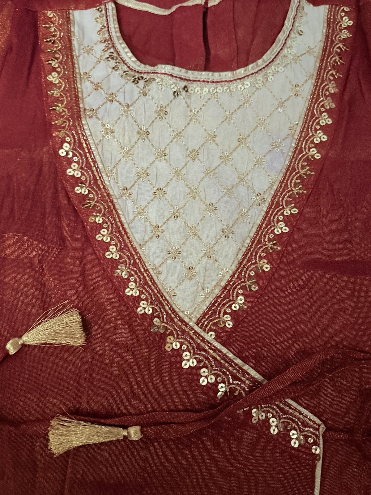 Red zari Embroidered kurta and straight palazzo front and side Slit With Tessels