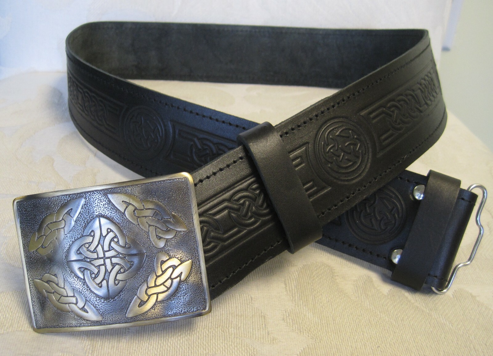 Celtic Embossed Black Leather Belt & Celtic Square Buckle * Scottish Mens Kilt