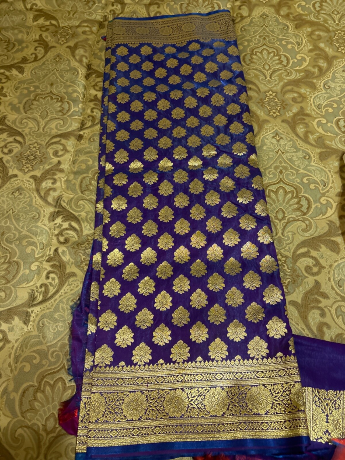 Dark Blue/Purple Banarasi Style Silk Saree with Unstitched Blouse