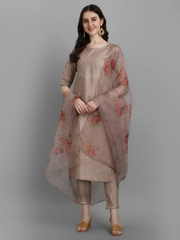 Women’s Silk Blend Embroidered Straight Kurta Pant Set with Organza Dupatta