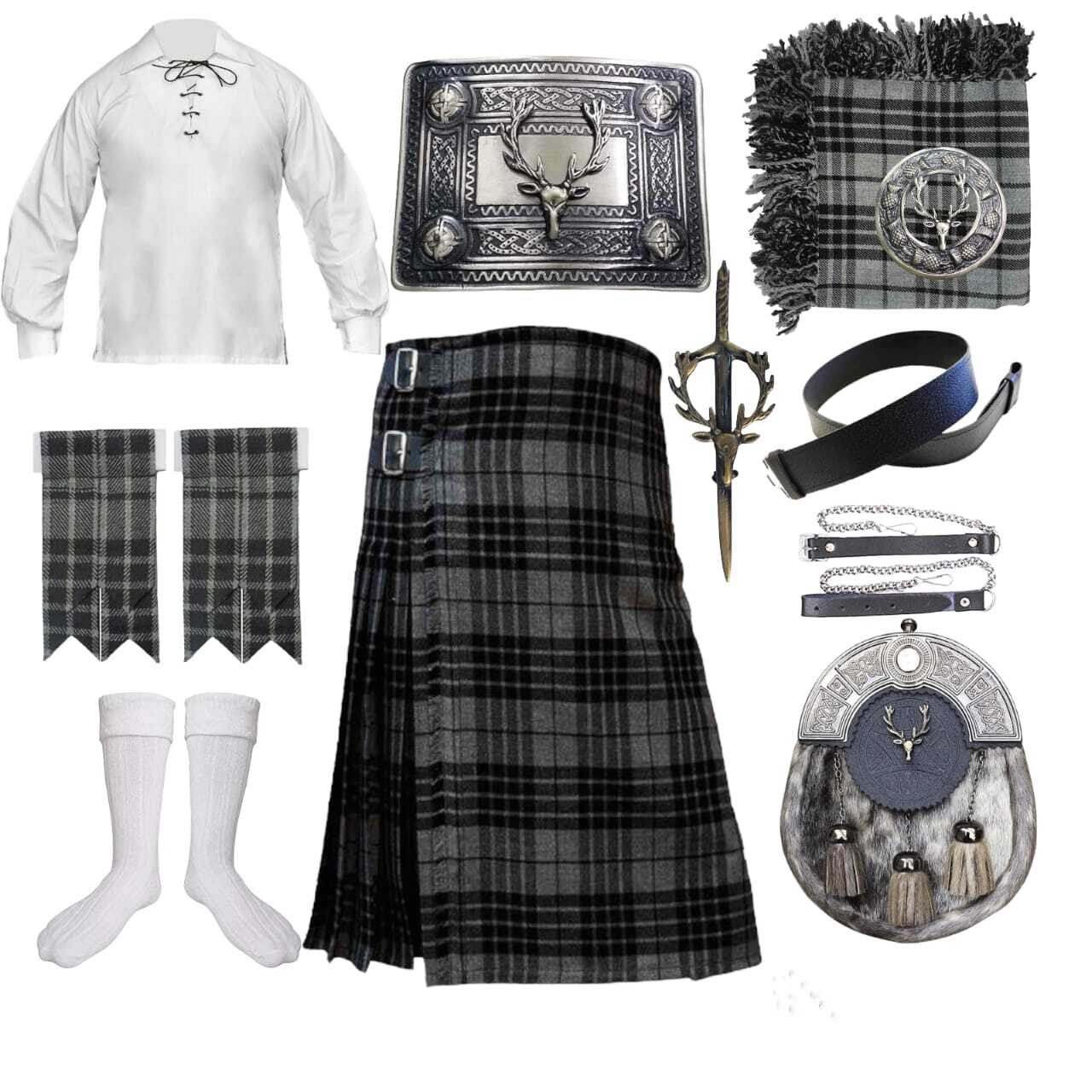 Men’s Scottish Tartan kilt Outfit 11 Pieces Stage Head Style Wedding kilt set.