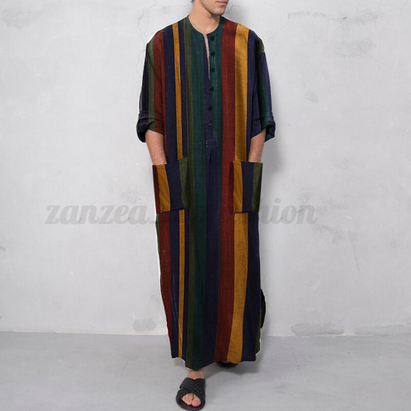 Men Long Sleeve Muslim Islamic Arab Abaya Kaftan Saudi Dishdash Maxi Kaftan Tops