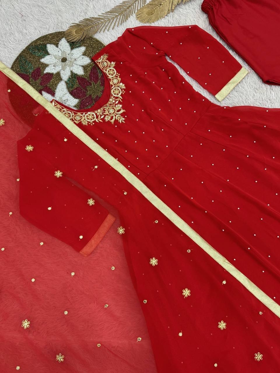 Festival Wear Red Heavy Georgette Gown Bottom With Dupatta For Women & Girls
