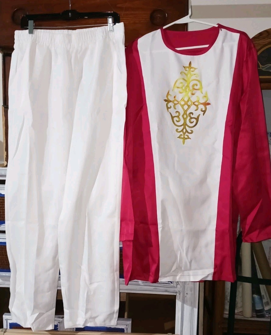 men’s traditional African-style 2 piece dashiki set Red/White 100% Polyester XL