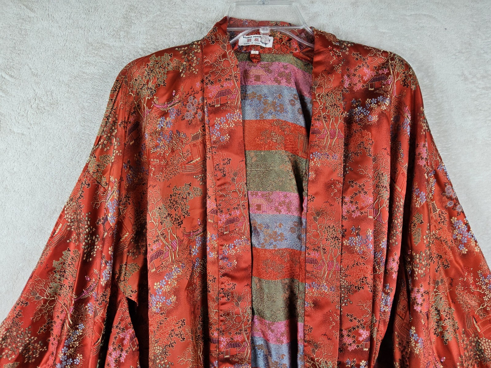 Vintage Double Peach Jacquard Chinese Kimono Robe Red Size XL