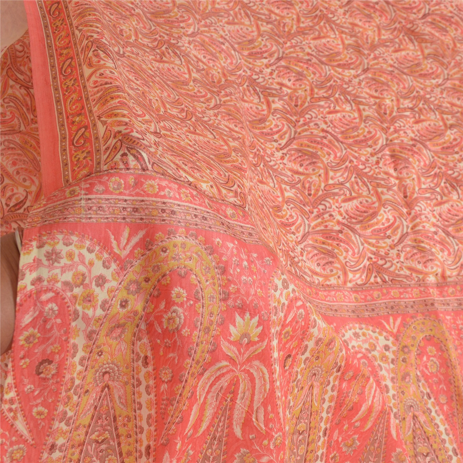 Sanskriti Vintage Saree Blush-Pink Art Silk Paisley Print Sari Fabric 5 Yard DIY