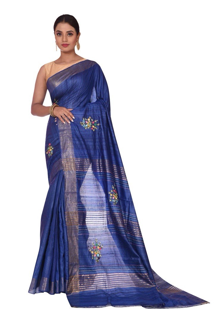 Indigo Blue Tussar Silk Saree sari party wear For Women With Floral Embroidery