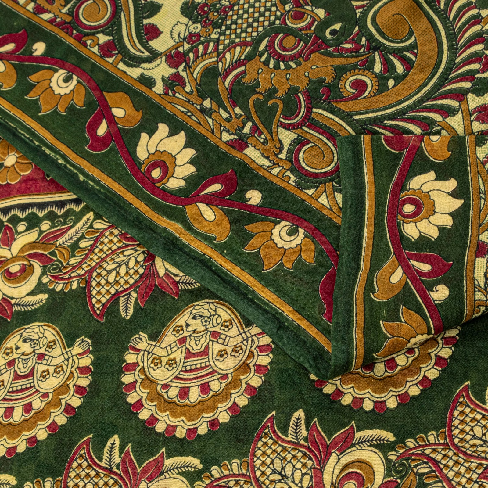 Sanskriti Vintage Cream Saree Pure Cotton Hand Block Kalamakari Peacock Sari 5.5
