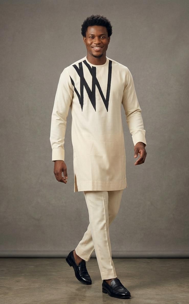 Men’s 2-Piece African Traditional Kaftan Set, Cotton, Long Sleeve, Regular Fit