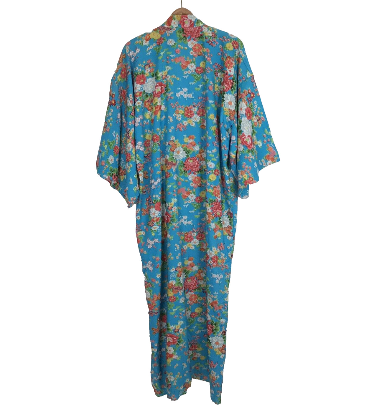 Empress Fashions Long Kimono Womens L Turquoise Floral Rayon Maxi Pockets JAPAN