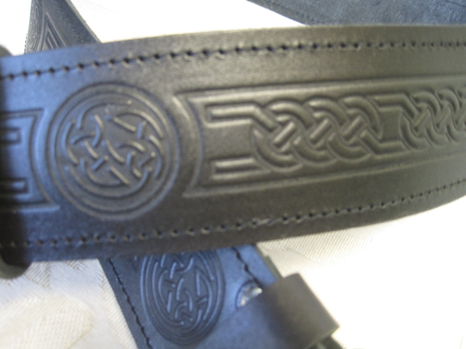 Celtic Embossed Black Leather Belt & Celtic Square Buckle * Scottish Mens Kilt