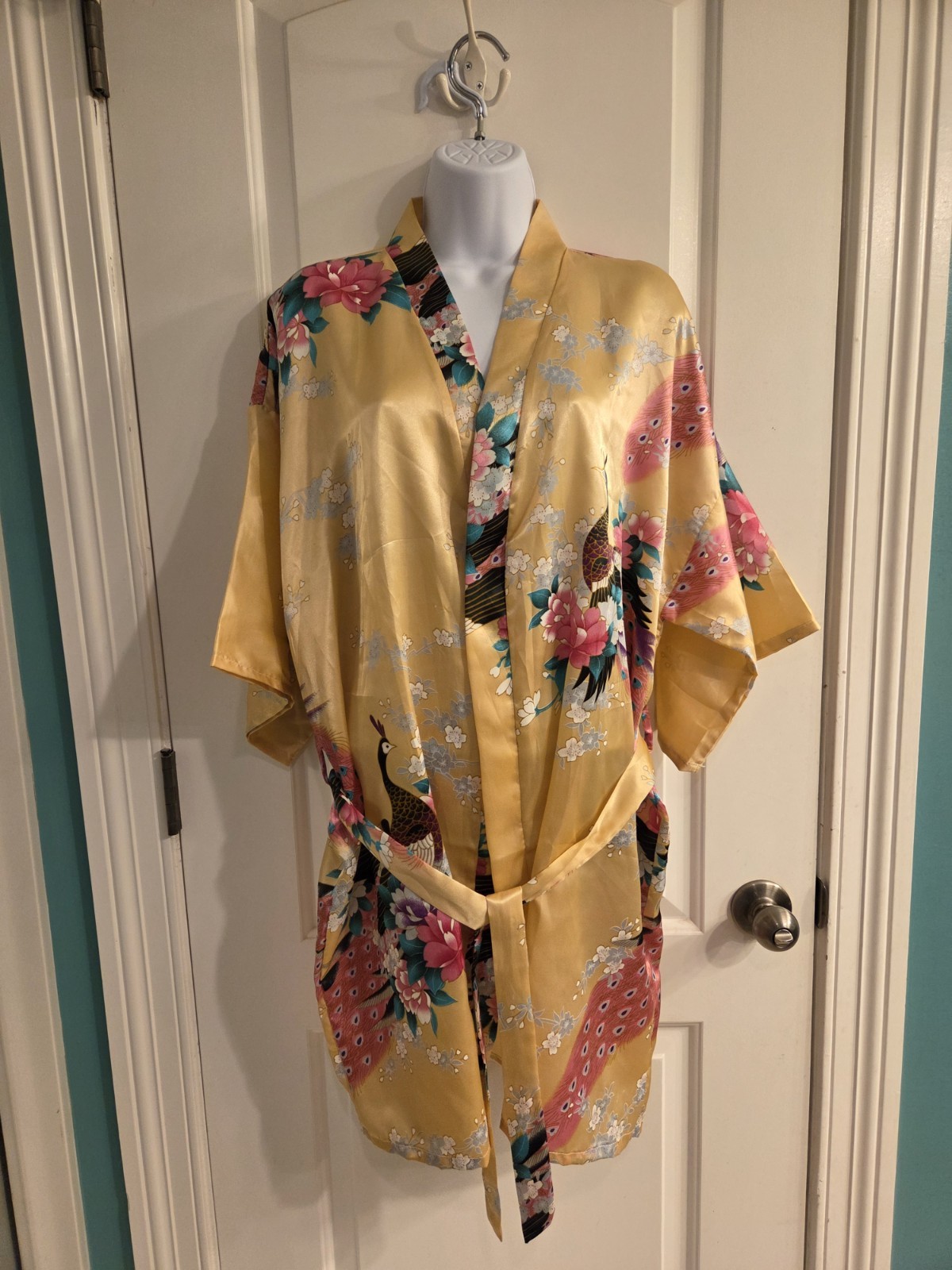 Womens Mei Ye Si Da Silk Kimono One Size Peacock Floral 90’s Vintage