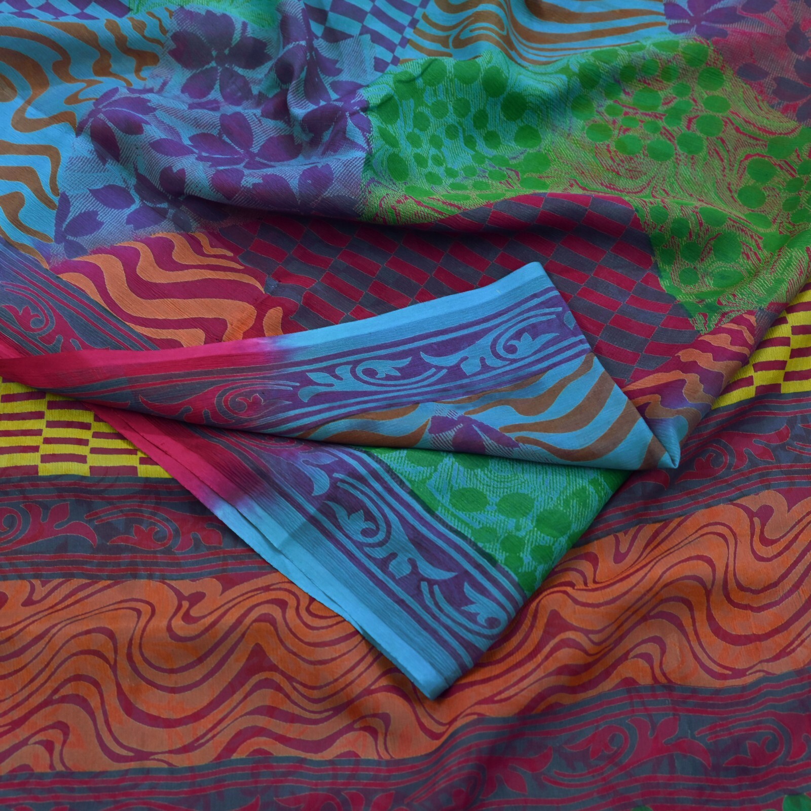 Indian Vintage Sari Blue & Purple Pure Chiffon Silk Printed Sarees Craft Fabric