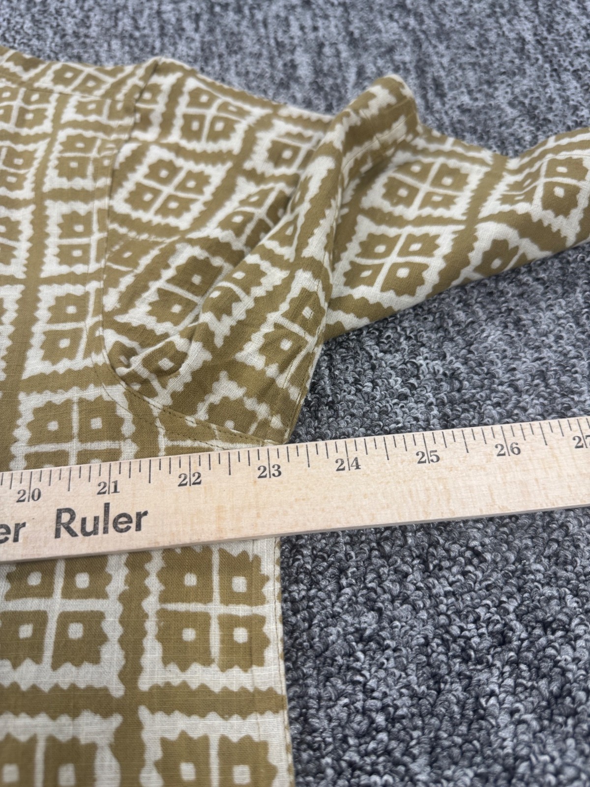 Fabindia Shirt Men 40 Large Olive Green Geometric Indian Henley Kurta Tunic Top