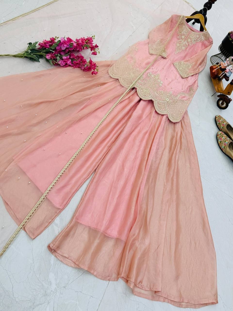 Attractive Silk Peach Top Palazzo With Dupatta For Functional Wear